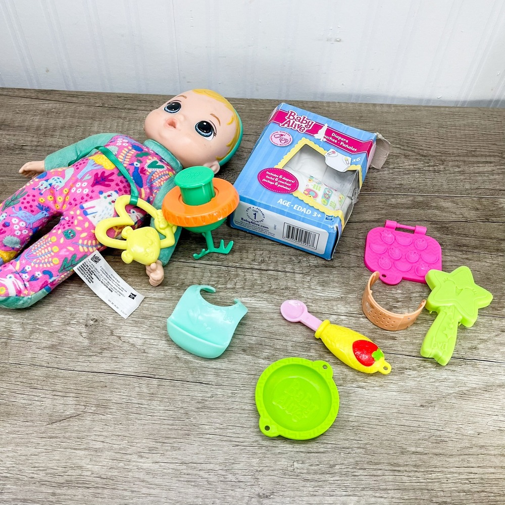 Baby Alive Soft Body Doll Lot with Diapers Bib Spoon Plate and Accessories